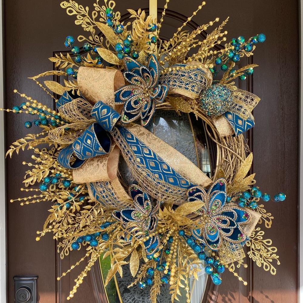🦋SOLD🦋Glam Peacock Blue and Glittered Gold Wreath